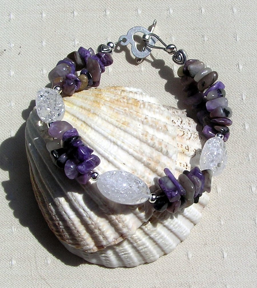 Purple Charoite & Crackled Quartz Crystal Gemstone Bracelet "Violet Dew"