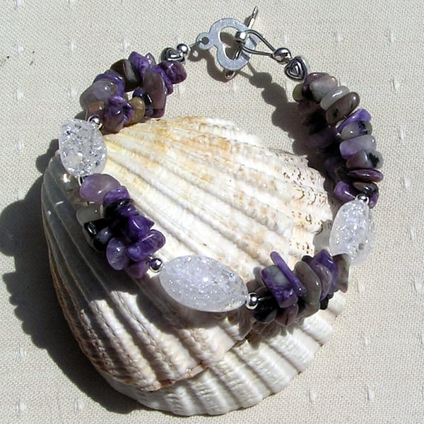Purple Charoite & Crackled Quartz Crystal Gemstone Bracelet "Violet Dew"