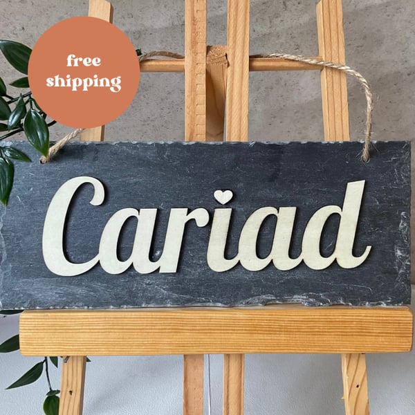 Cariad (love) slate hanging decoration. Reclaimed slate. Free delivery 