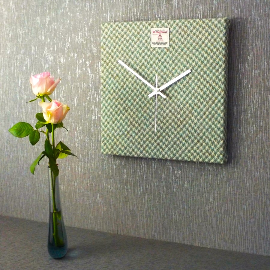 Harris Tweed large square clock grey green dogtooth wool fabric wall clock
