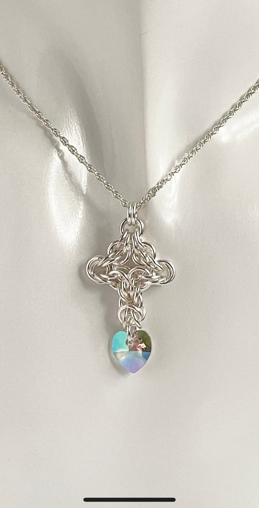 Sterling Silver Chainmaille and Crystal Pendant with a chain