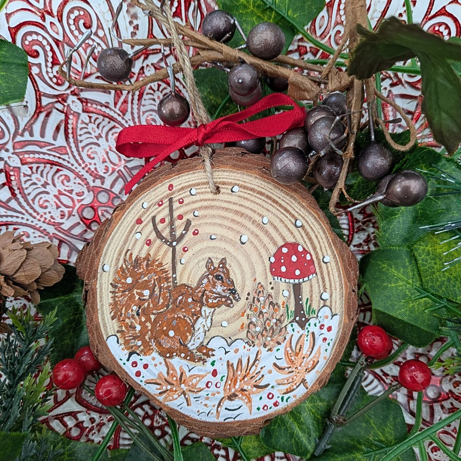 Red Squirrel hand-painted Christmas decoration, Squirrel log slice