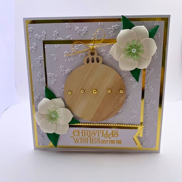 Luxury Handmade Christmas Card - Bauble, Christmas Rose, Boxed Keepsake