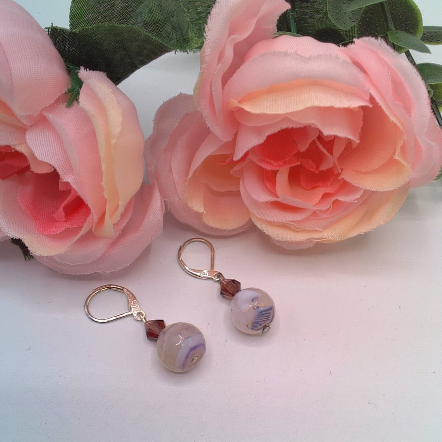 Pale Lilac Tinged Agate and Purple Crystal Earrings, Agate Earrings, Earrings 