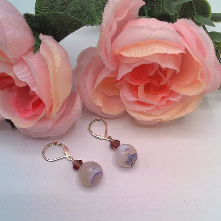 Pale Lilac Tinged Agate and Purple Crystal Earrings, Agate Earrings, Earrings 