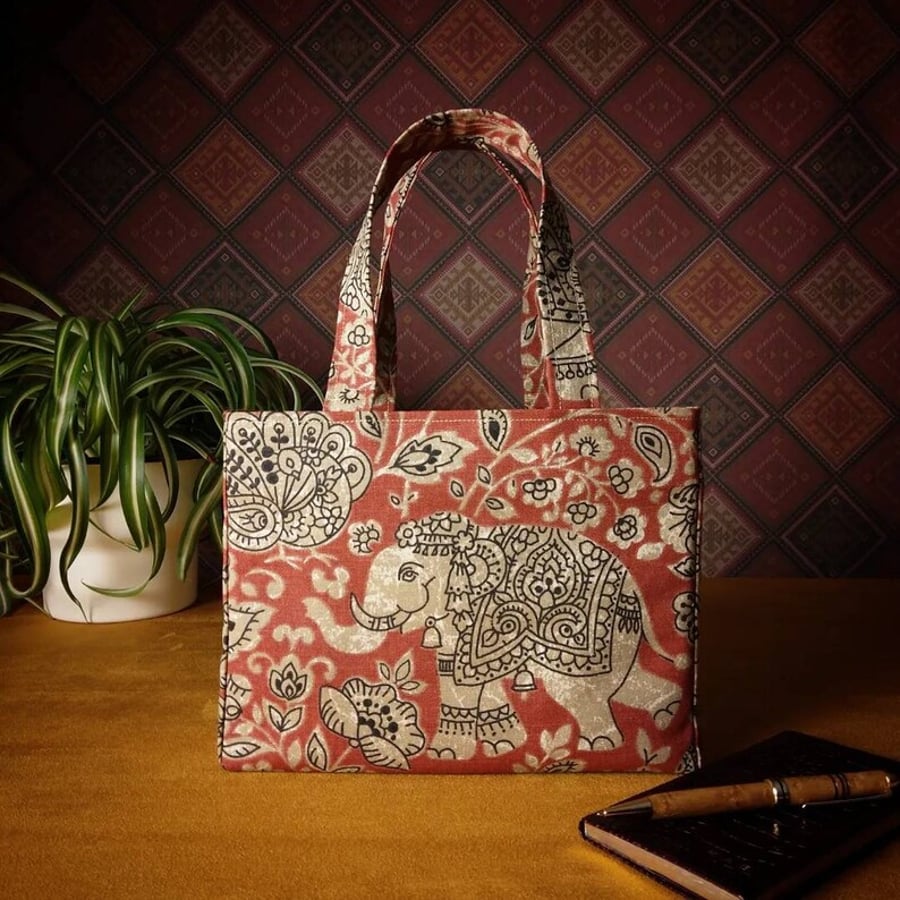 Mini Fabric Tote Bag - Elephants on Red