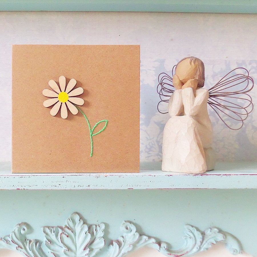 Daisy Card. Hand Sewn Card. Flower Card. Birthday Card. Blank Card. 