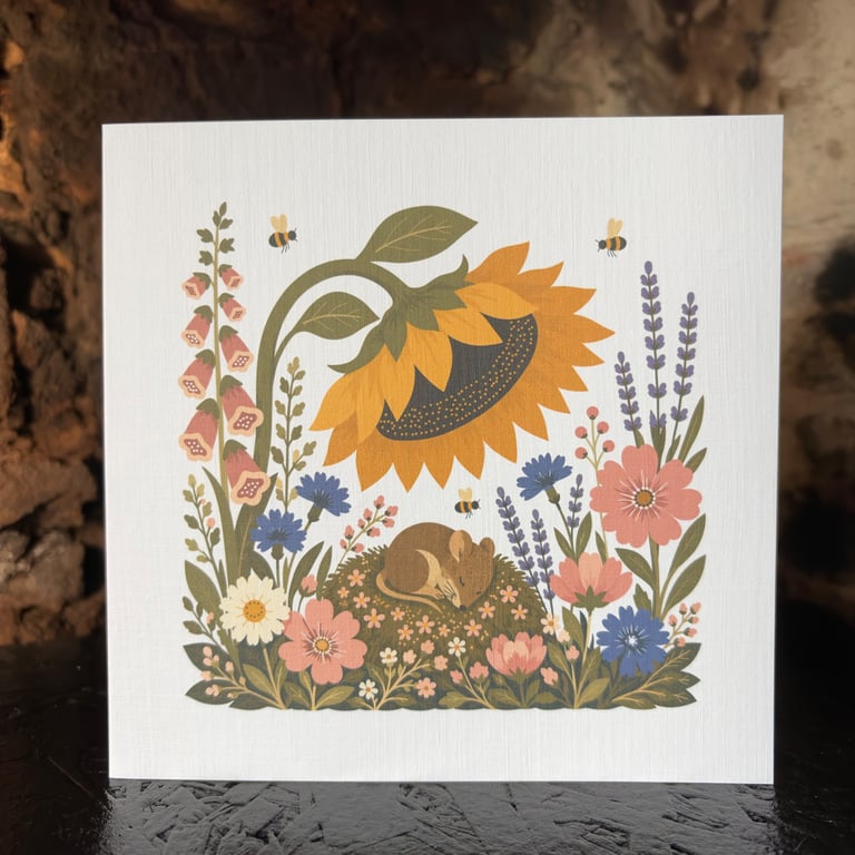 Sleeping Mouse Under Sunflower Greeting Card - Scandinavian Folk Art Floral Card