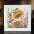 Sleeping Mouse Under Sunflower Greeting Card - Scandinavian Folk Art Floral Card