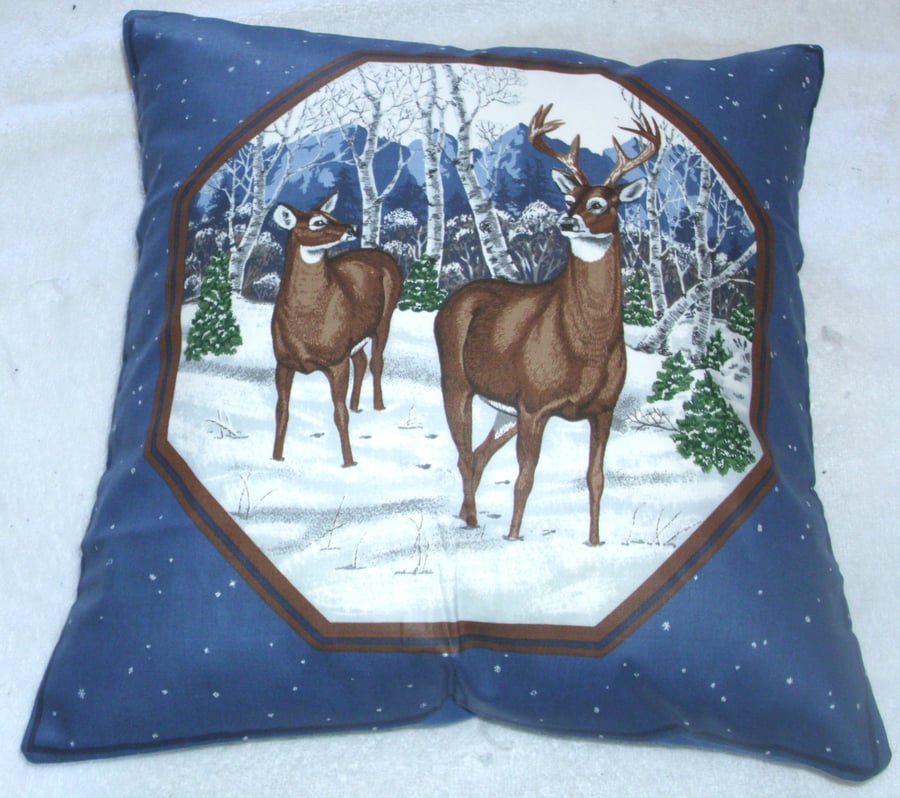 Deer and Stag standing in a wintry forest cushion 
