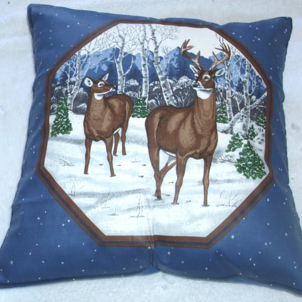 Deer and Stag standing in a wintry forest cushion 