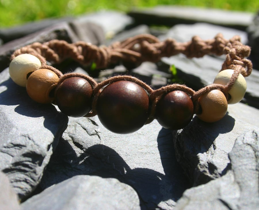 Brown boho chic braided friendship bracelet with wood beads