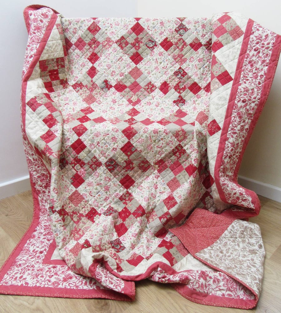 Traditional Red and Cream Patchwork Quilt