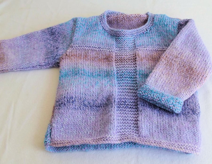Babies Handknitted Jumper, Lilac and Blue, 6 to 12 months, hm104