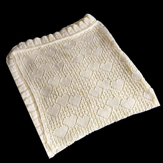 Hand Knitted Lemon Baby Shawl with Heart Lace and Ruffled Edge