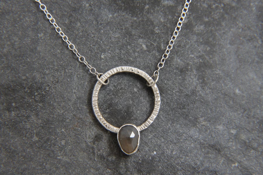 Blue Sapphire Hammered Circle Hoop Sterling Silver Necklace Pendant