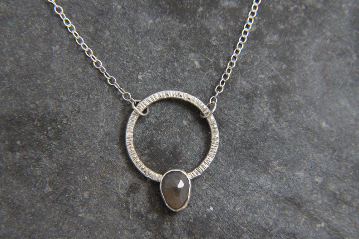 Blue Sapphire Hammered Circle Hoop Sterling Silver Necklace Pendant