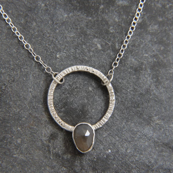 Blue Sapphire Hammered Circle Hoop Sterling Silver Necklace Pendant