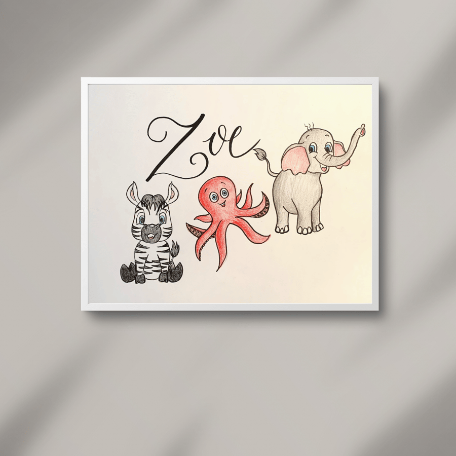 Letter Name Art with Animals, Custom Name Art Cartoon Animals, Nursery Wall Art