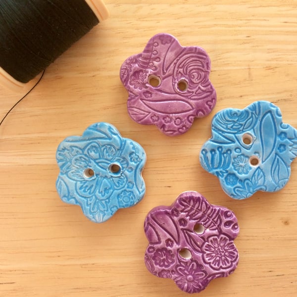 Blue and purple flower buttons - set of 4 ceramic buttons - 1LL