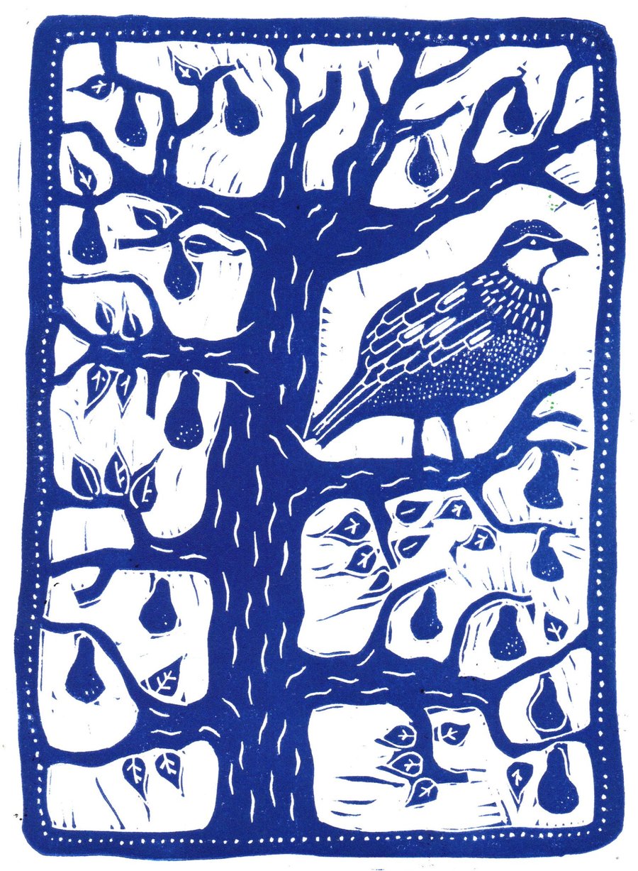A Partridge In A Pear Tree Christmas card, linocut print by John Freeman