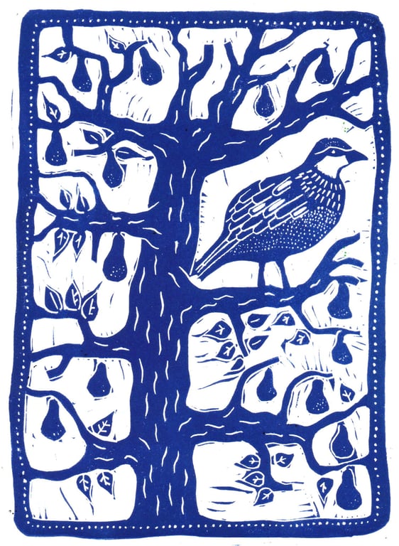 A Partridge In A Pear Tree Christmas card, linocut print by John Freeman