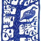 A Partridge In A Pear Tree Christmas card, linocut print by John Freeman