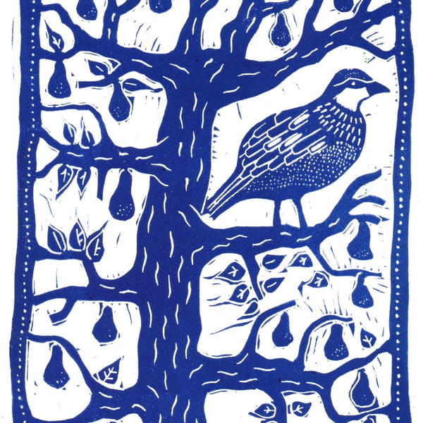 A Partridge In A Pear Tree Christmas card, linocut print by John Freeman