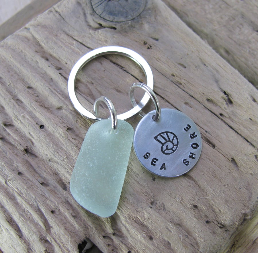 Natural sea glass, stamped keyring