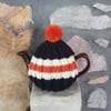 Small Tea Cosy for 2 Cup Tea Pot, Black, Orange, Cream Hand Knitted, Wool Mix