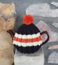 Small Tea Cosy for 2 Cup Tea Pot, Black, Orange, Cream Hand Knitted, Wool Mix