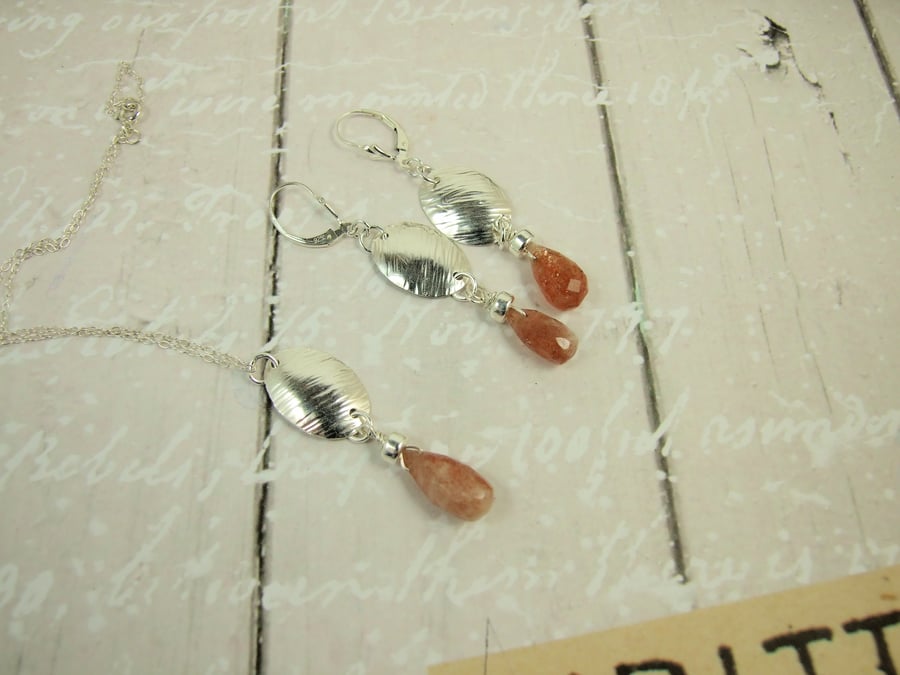 Necklace and Earrings, Sterling Silver and Sunstone Gemstone Jewellery Set
