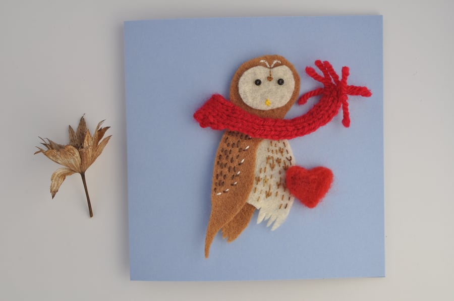 Felt tawny owl with needle-felted red heart greeting card