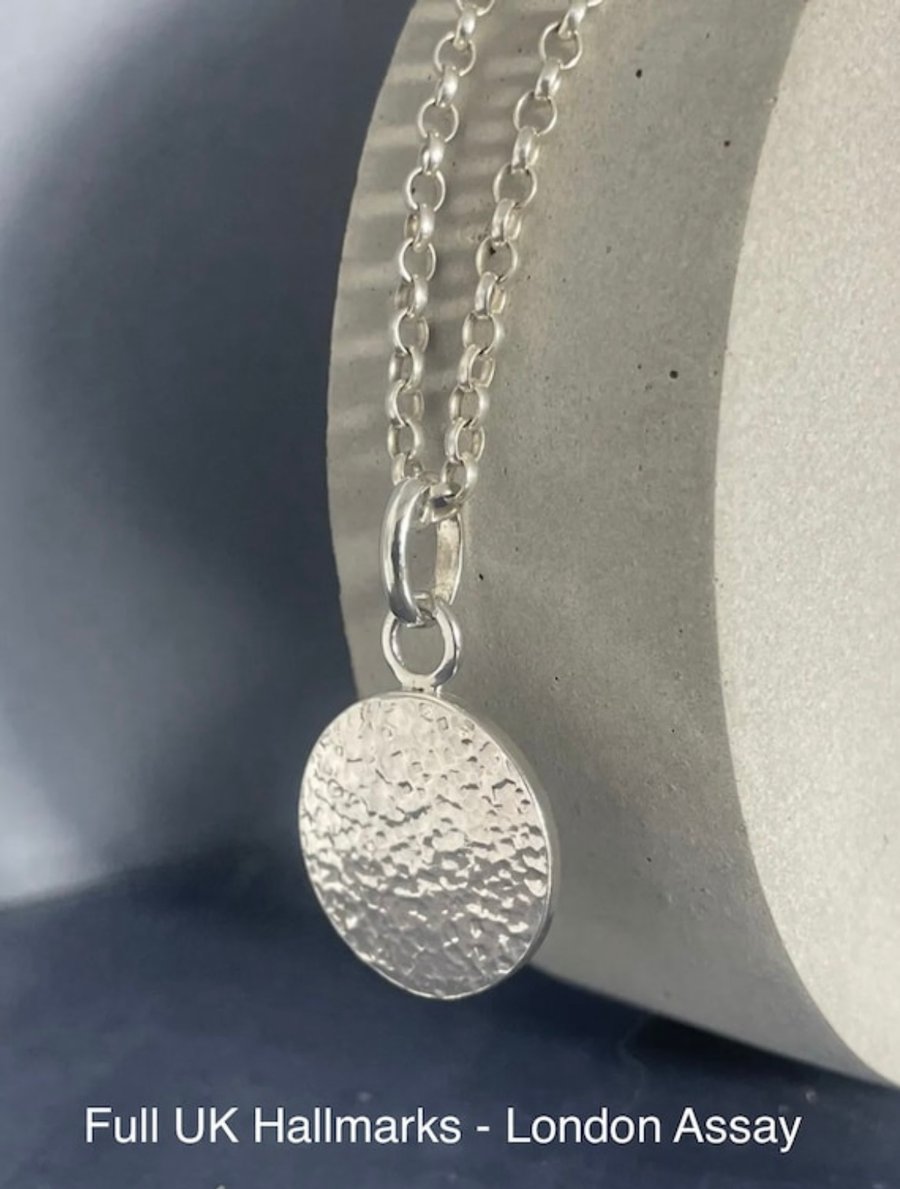 Sterling Silver Round Disc Pendant Necklace - Hammered-Sparkly 16-24 Inches