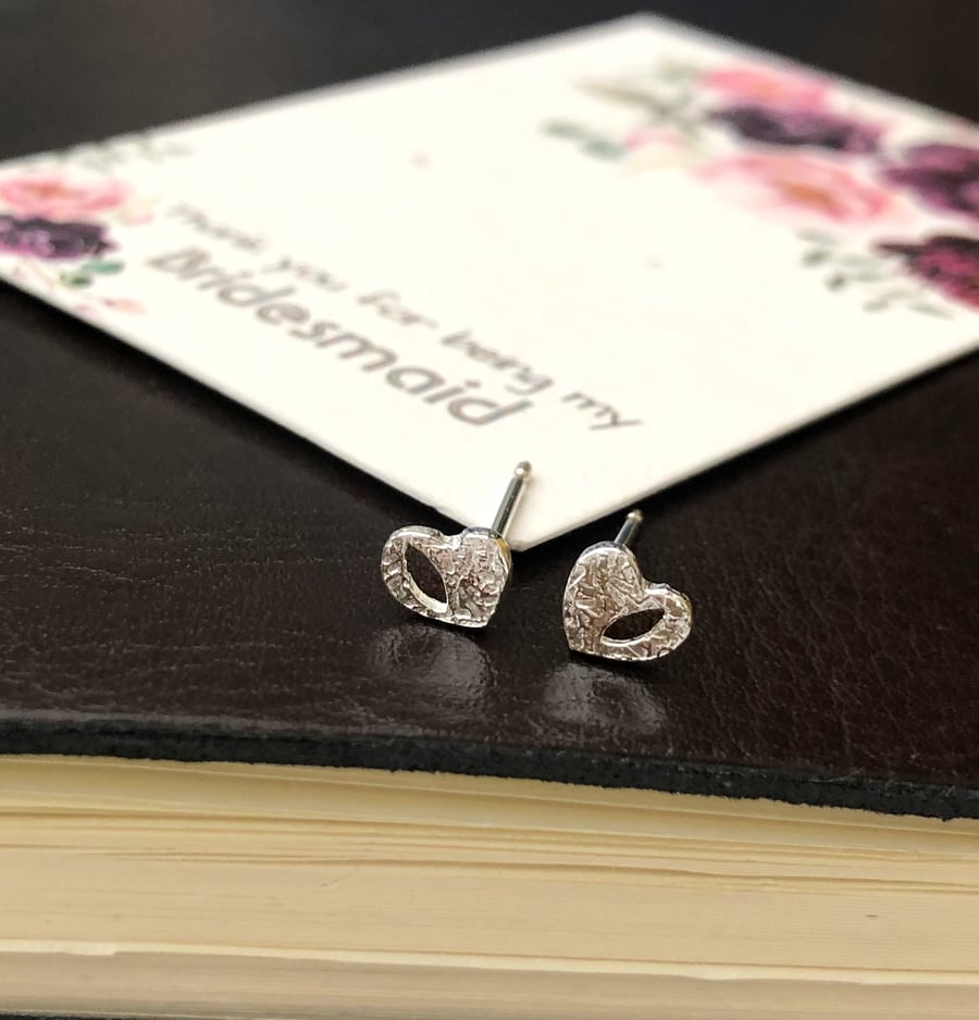 Thank You Bridesmaid Open Heart Earrings, Sterling Silver Stud