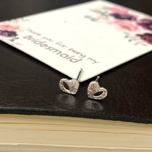 Thank You Bridesmaid Open Heart Earrings, Sterling Silver Stud