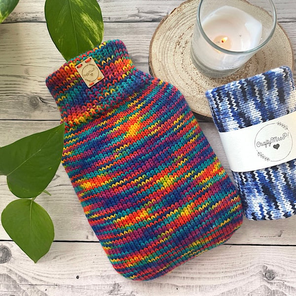 Bright hot water bottle cover knitted small cosy