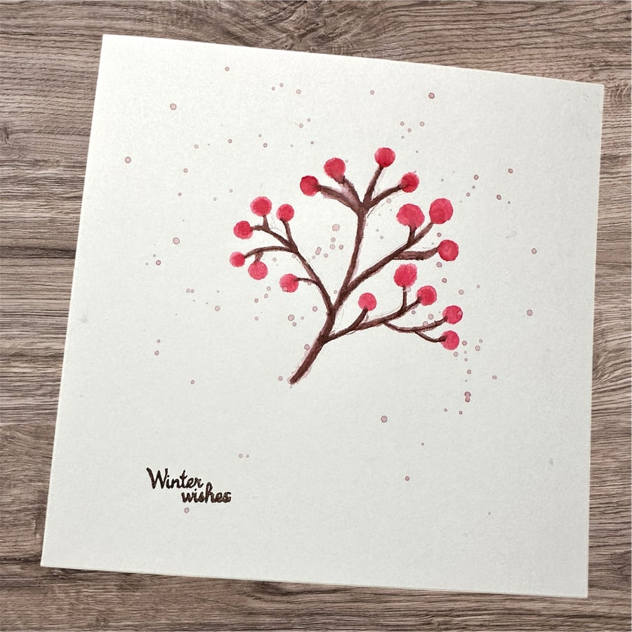 Foliage with red berries , hand painted watercolour Christmas card 