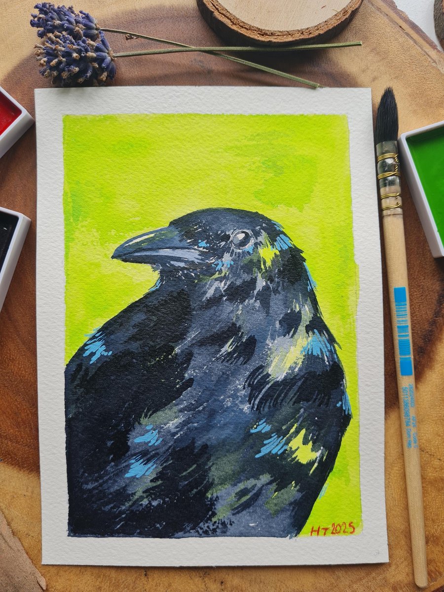 Original hand painted small watercolour Green Crow art