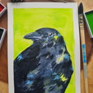 Original hand painted small watercolour Green Crow art