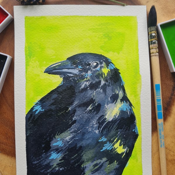 Original hand painted small watercolour Green Crow art