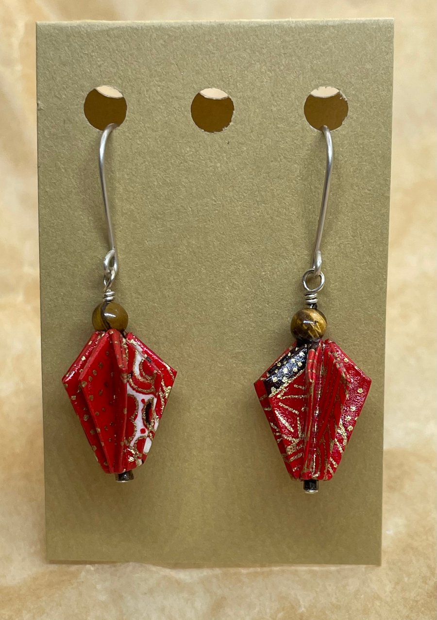 Origami Pinecone Red Washi earrings with tiger-eye
