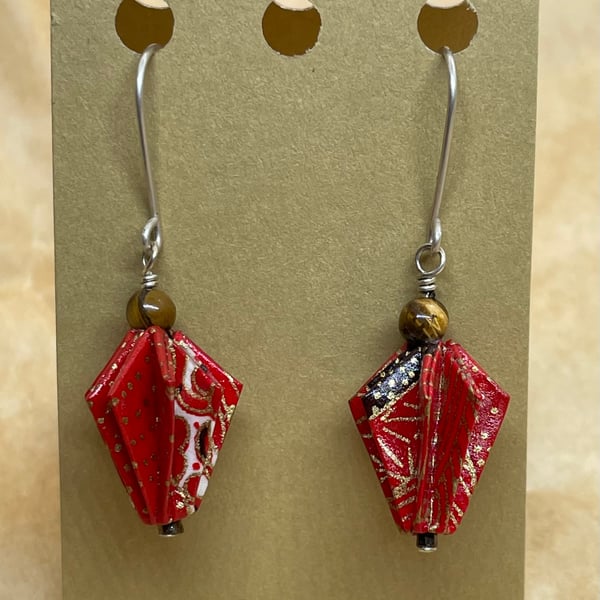 Origami Pinecone Red Washi earrings with tiger-eye