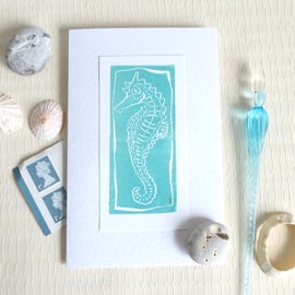 Lino print card of a seahorse blank art card perfect for sailors and mermaids