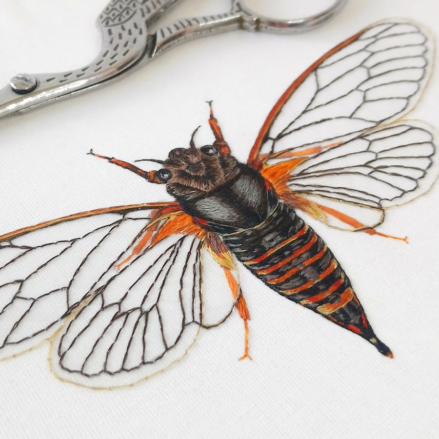 Hand Embroidered Silk Cicada (Cicadetta Montana)