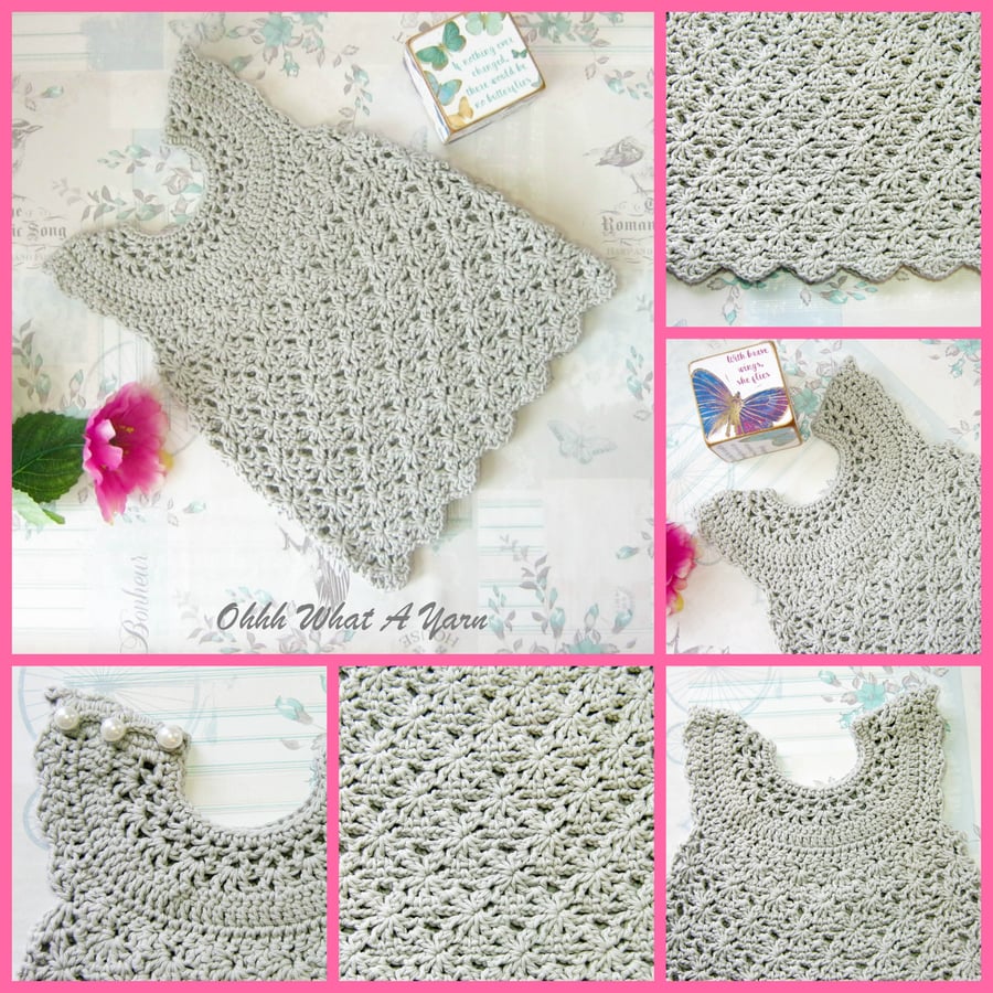 Grey cotton lacy baby dress. Crochet dress. Baby sun dress. 12-18 months