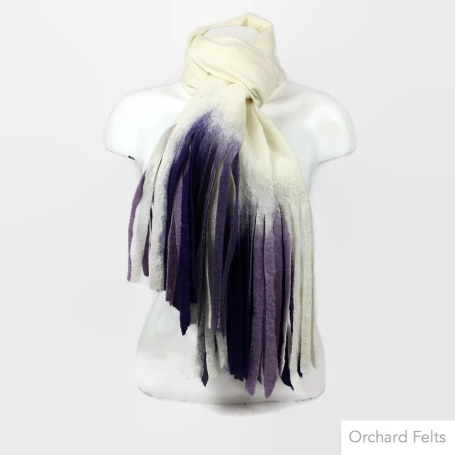 Seconds Sunday - Merino wool wet felted long, scarf in white with purple tassels