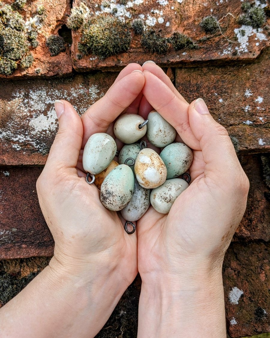 Ceramic songbird eggs, lifesized speckled mini bird eggs