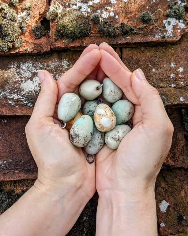 Ceramic songbird eggs, lifesized speckled mini bird eggs