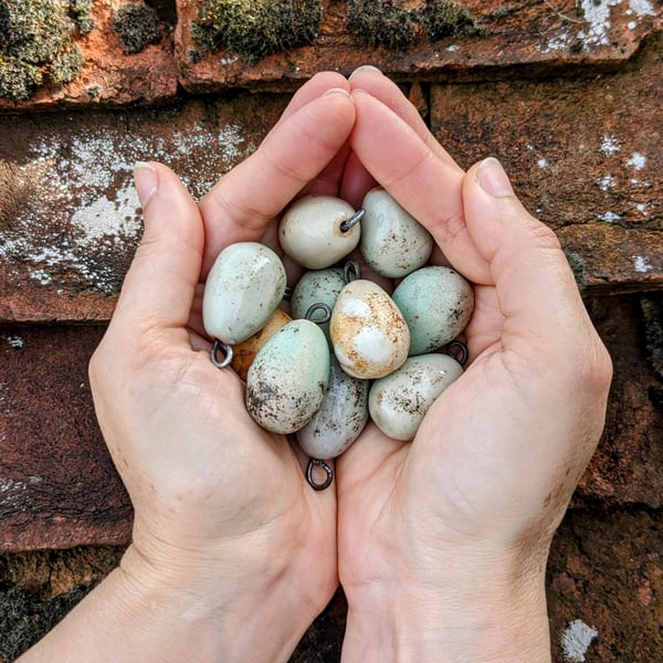 Ceramic songbird eggs, lifesized speckled mini bird eggs